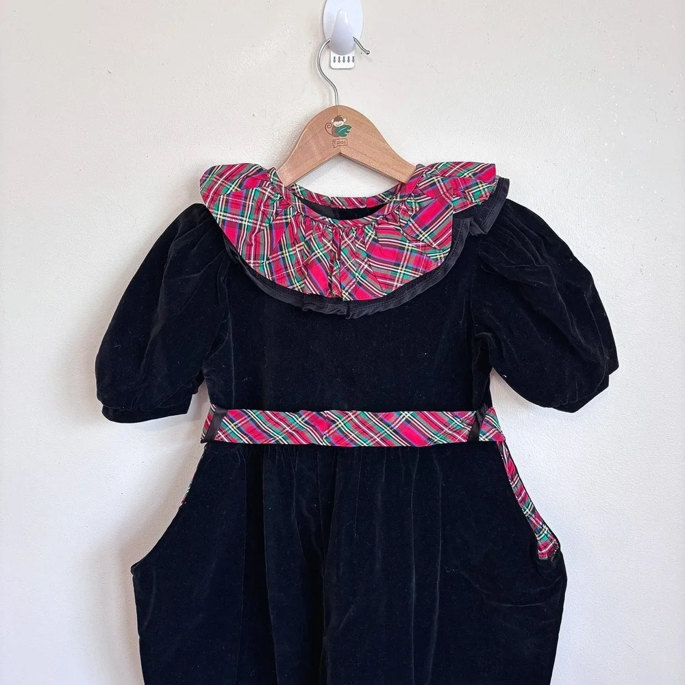 Vintage Girls Velvet Romper Jumper 5 Black Plaid Ruffle Holiday Christmas USA